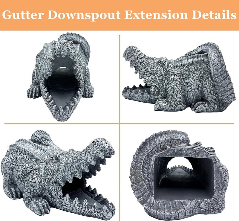 Euiroet Crocodile Sculpture Gutter Downspout Extender, Outdoor Garden Resin Animal Statue, Decorative Gutter Extension Downspout, Perfect Rain Diverter for 3"x4" Downspouts, Splash Block (13 in) - Image 2
